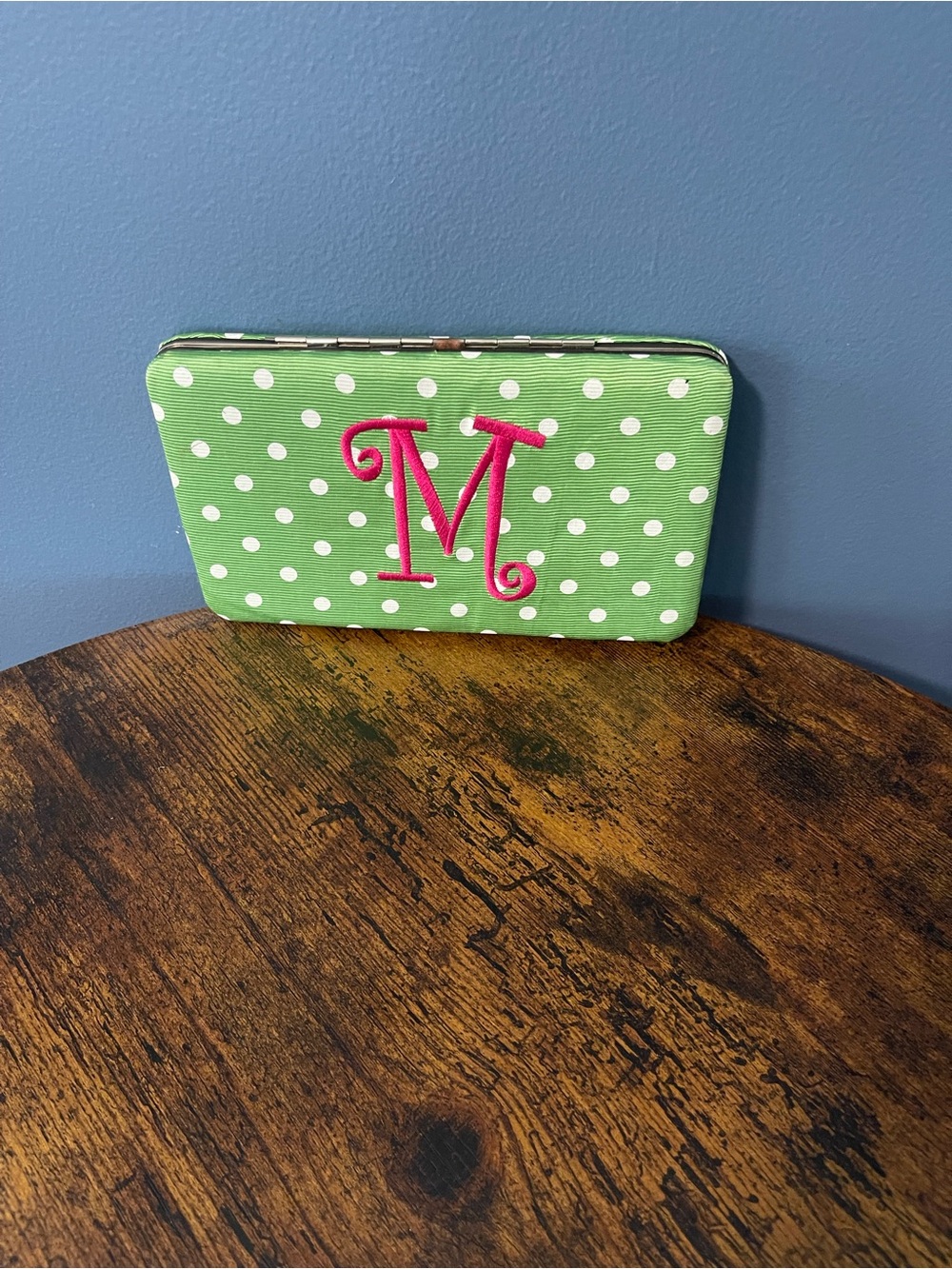 Monogrammed Green Polka Dot Wallet with Pink 'M' Accent